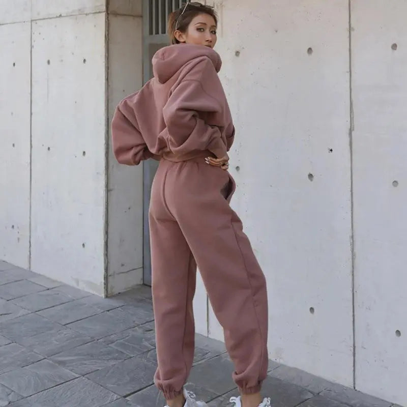 Wholesale Autumn Winter Women Fashion Solid Color Thickened Long-Sleeved Hooded Jogger Pants Two-Piece Set