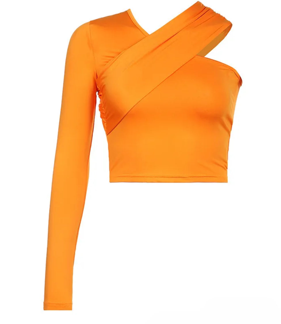 Women Sexy Edgy One-Shoulder Solid Color V Neck Long-Sleeved Crop Top