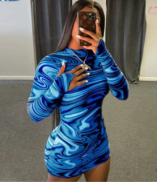 Fashion Sexy Printing Long Sleeve Hip Wrap Dress