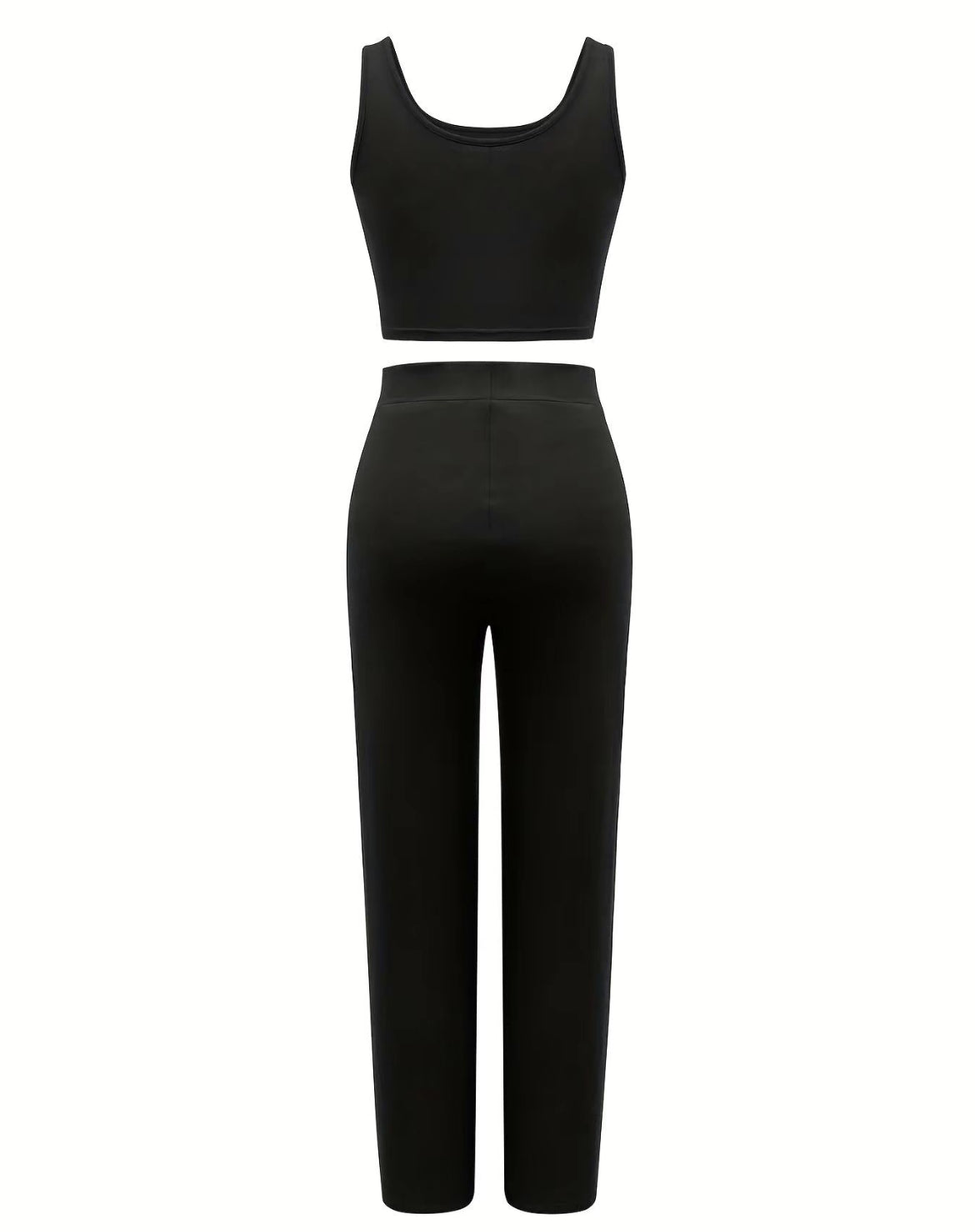 Solid Sleeveless Scoop Neck Crop Tummy Control Tank Top and Elastic Waist Hip Lifting Straight Leg Pants
