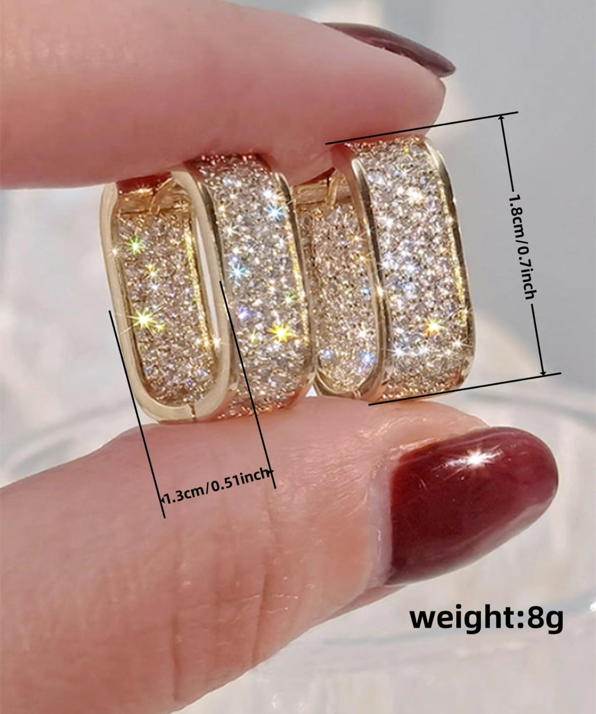 1 Pair Geometric Rectangle Design Hoop Earrings Double Sided Inlaid Rhinestone Decorative Earrings