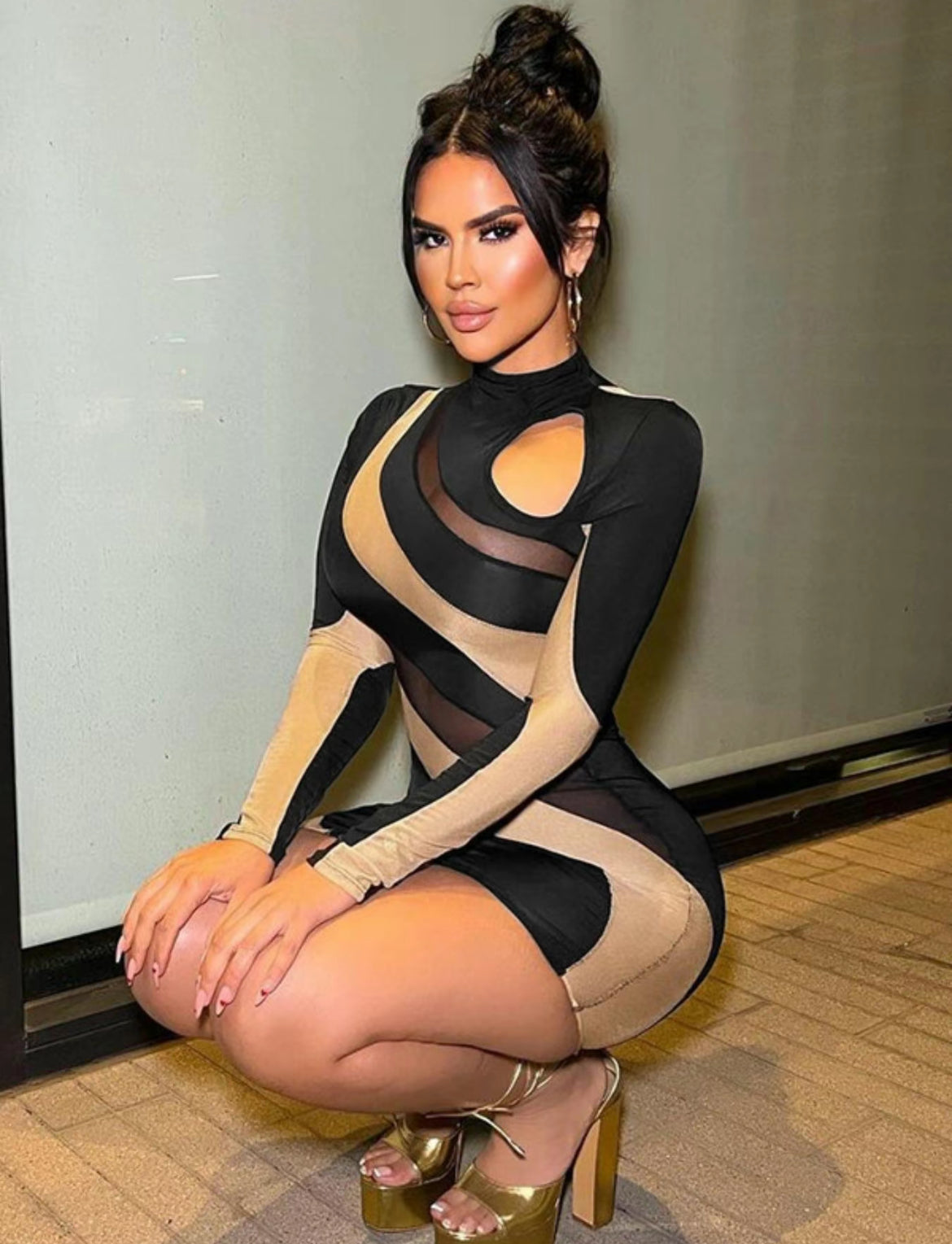 Woman's Contrast Mesh Cut Out Sheer Bodycon Long sleeve Sexy Dress