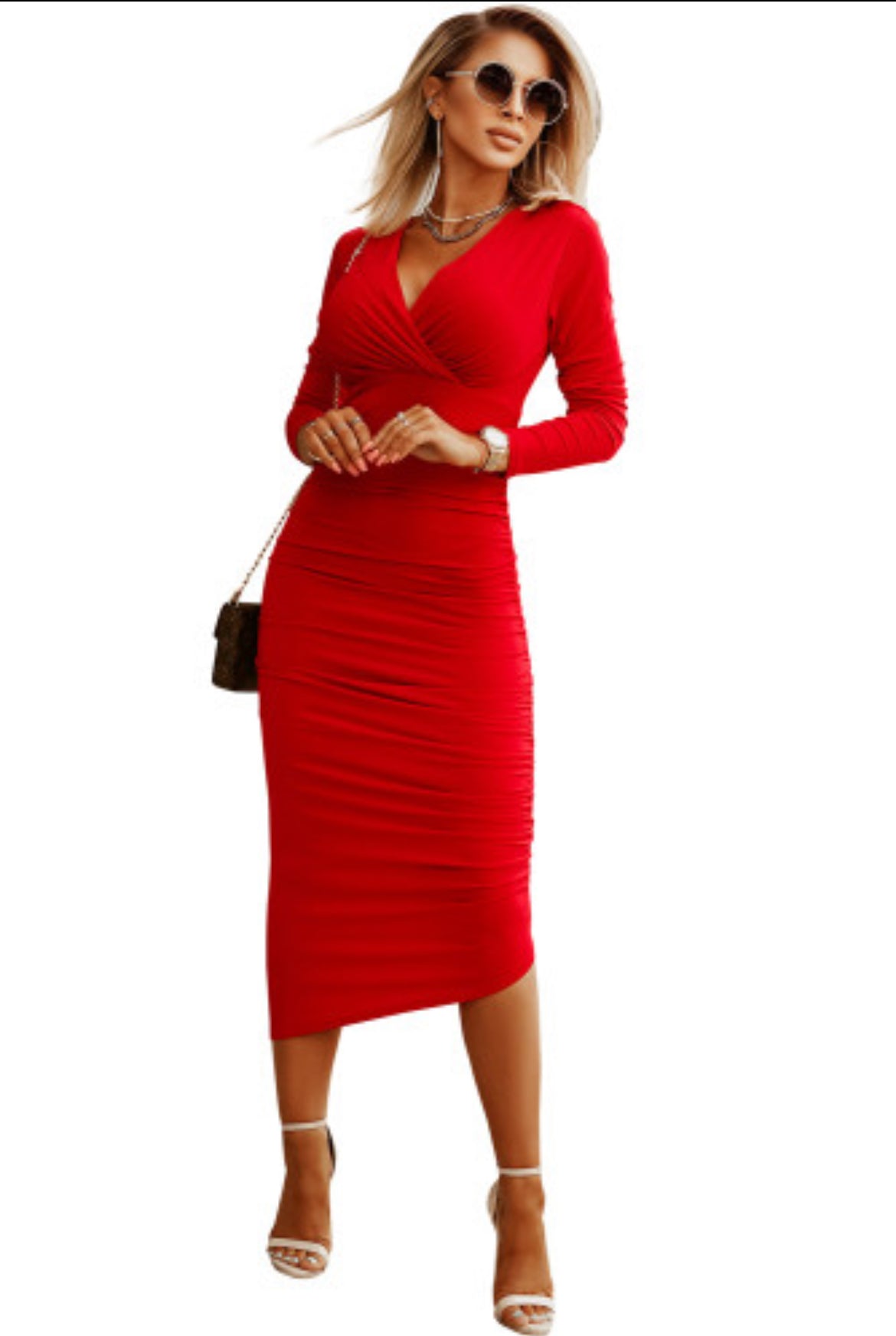 Fiery Red Long Sleeves Wrap V-Neck Ruched Sheath Bodycon Dress