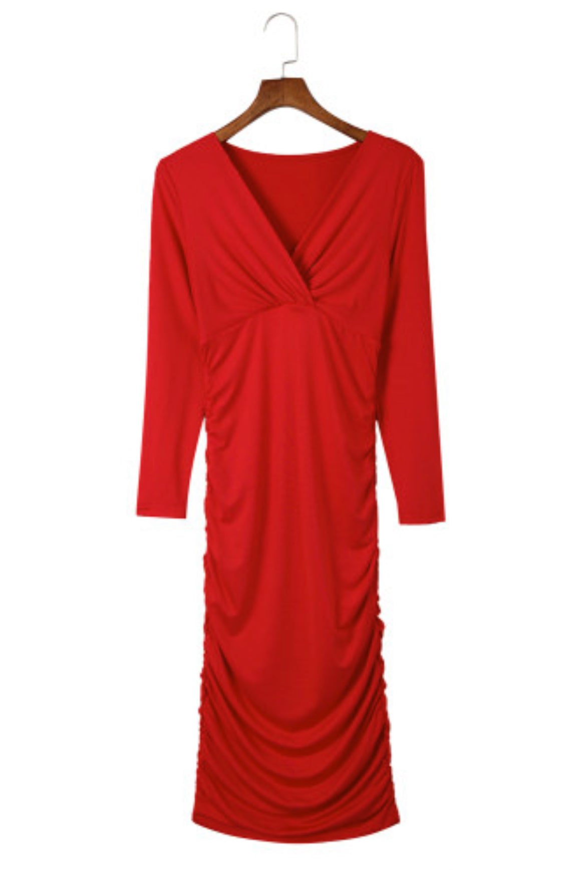 Fiery Red Long Sleeves Wrap V-Neck Ruched Sheath Bodycon Dress