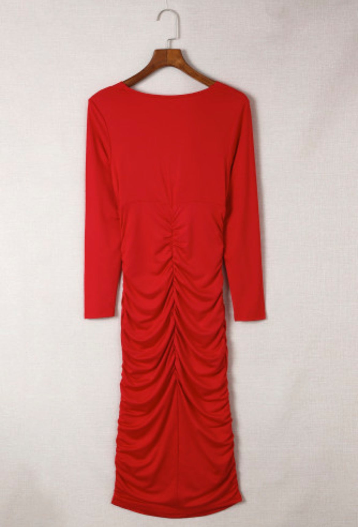 Fiery Red Long Sleeves Wrap V-Neck Ruched Sheath Bodycon Dress