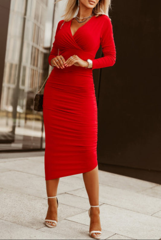 Fiery Red Long Sleeves Wrap V-Neck Ruched Sheath Bodycon Dress