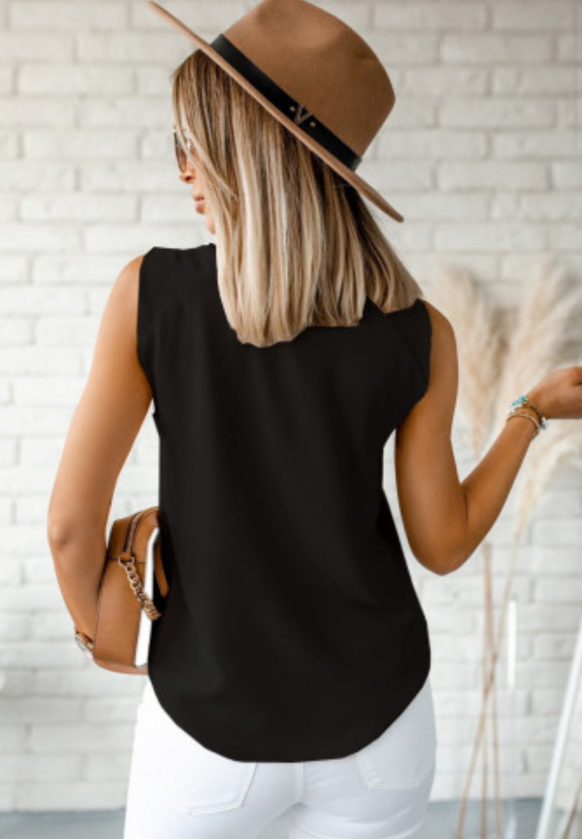Black V-Neck Knotted Shoulder Sleeveless Shirt