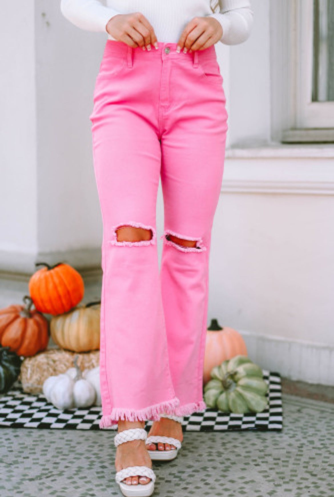 Pink Vintage High Waist Flare Leg Ripped Raw Hem Jeans