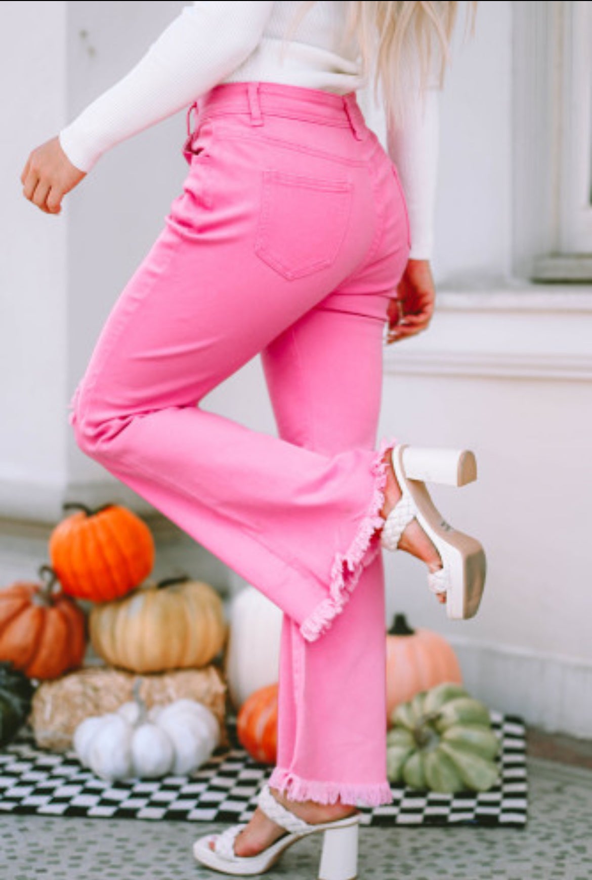 Pink Vintage High Waist Flare Leg Ripped Raw Hem Jeans