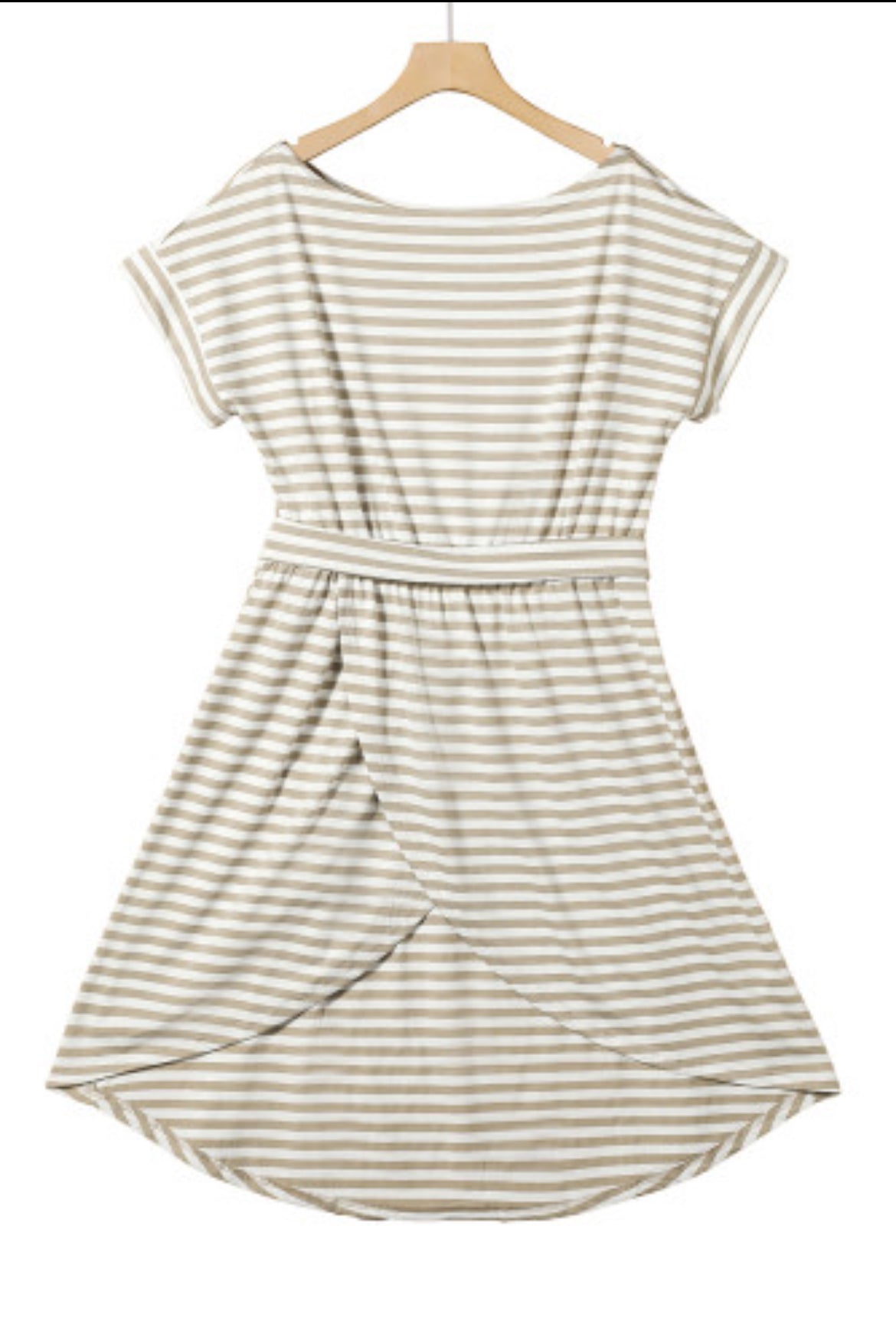 Khaki Stripe Short Sleeve Belted Wrapped Hemline T-Shirt Dress