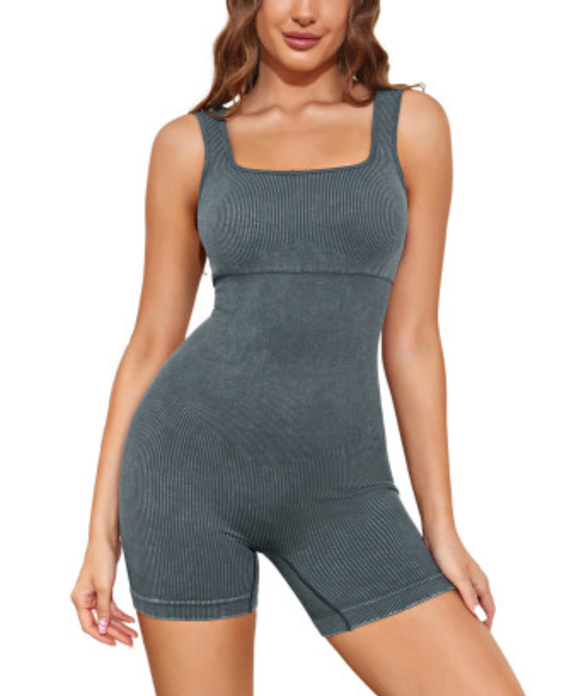 Gray Ribbed Square Neck Padded Sports Romper