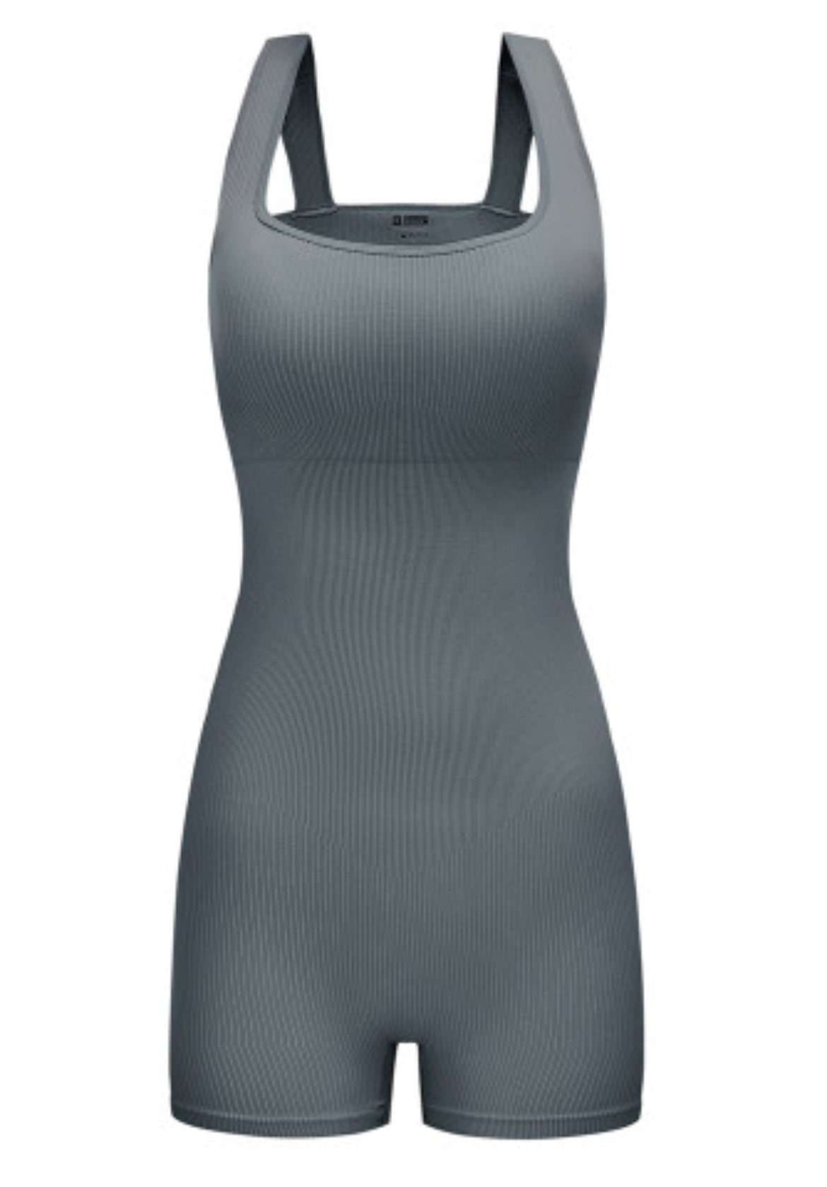Gray Ribbed Square Neck Padded Sports Romper