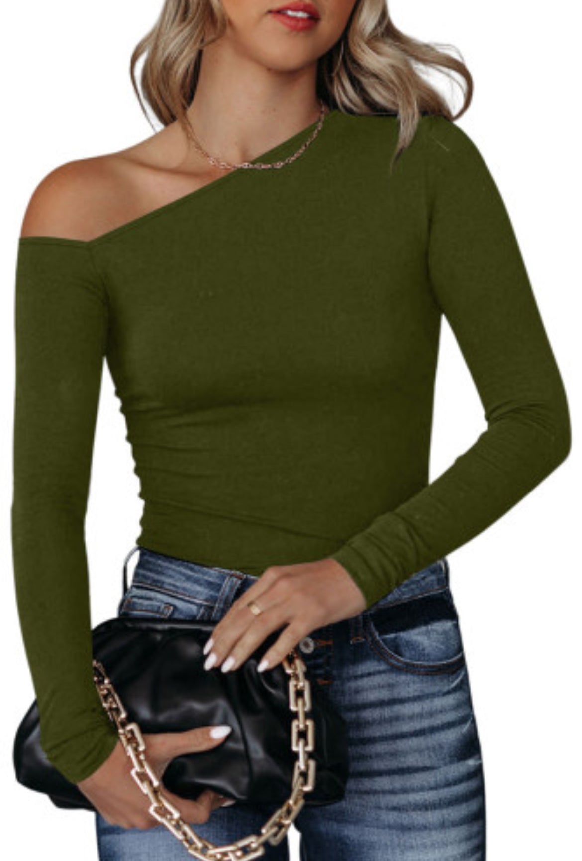 Green Asymmetrical Neckline Long Sleeve Knit Top