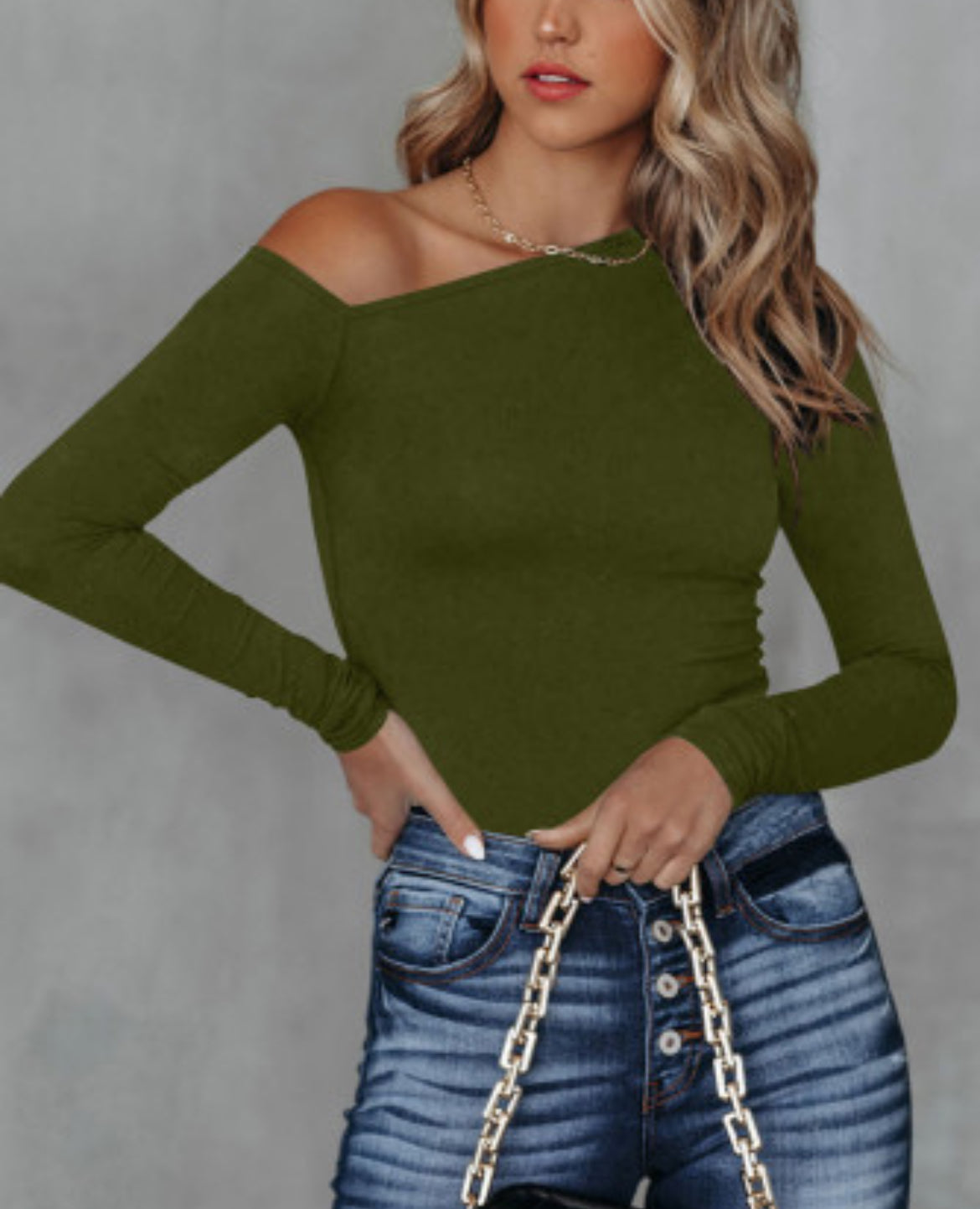 Green Asymmetrical Neckline Long Sleeve Knit Top