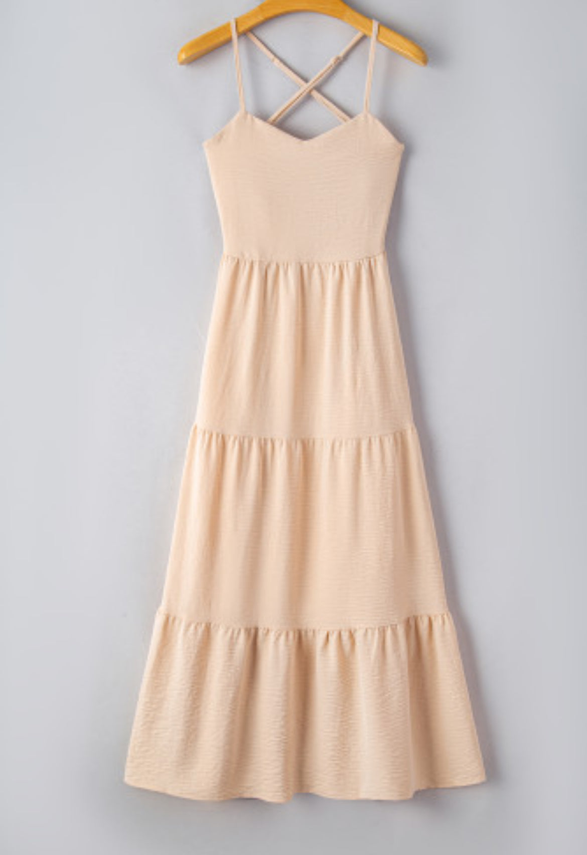 Oatmeal Crossover Backless Bodice Tiered Maxi Dress