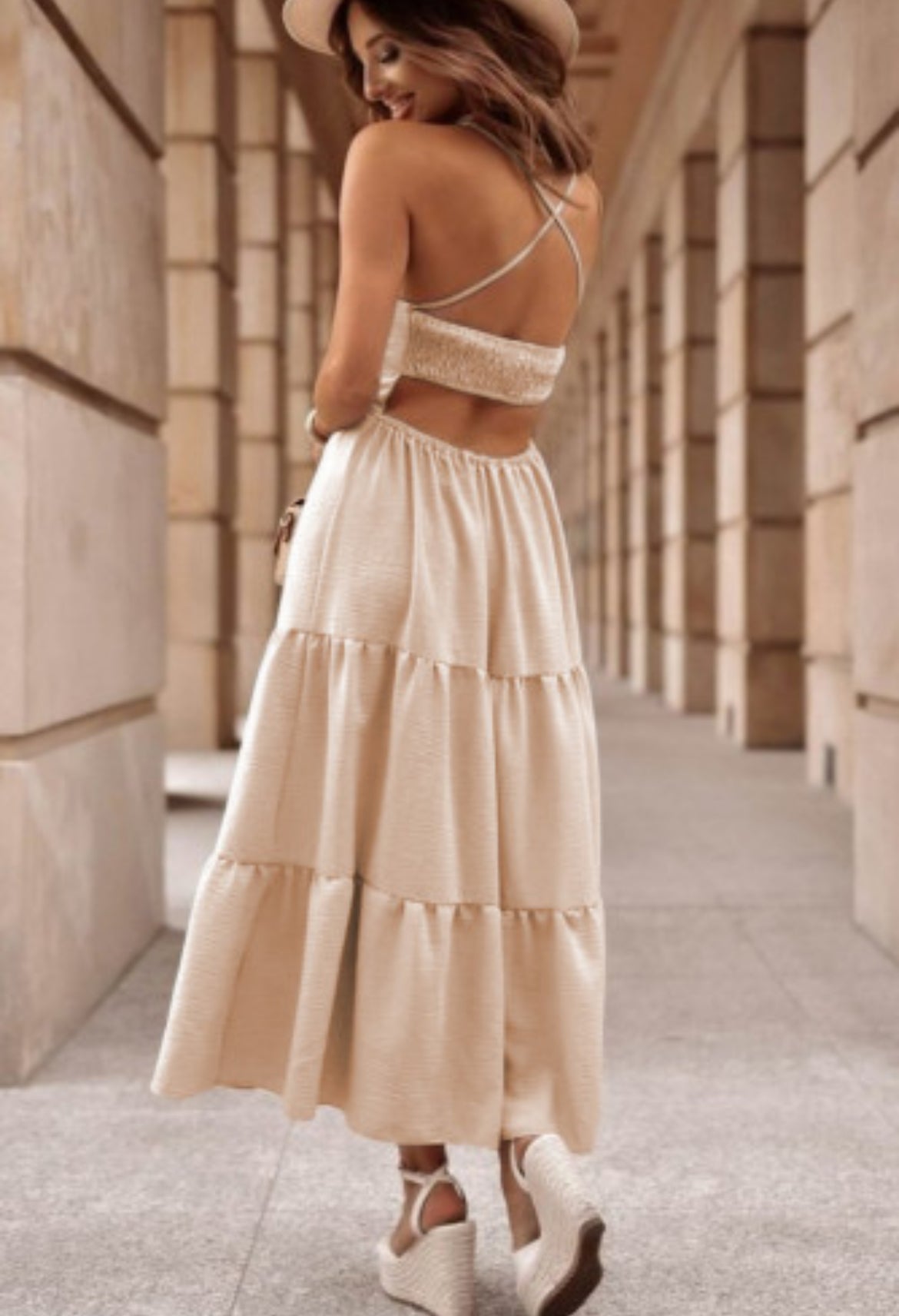 Oatmeal Crossover Backless Bodice Tiered Maxi Dress