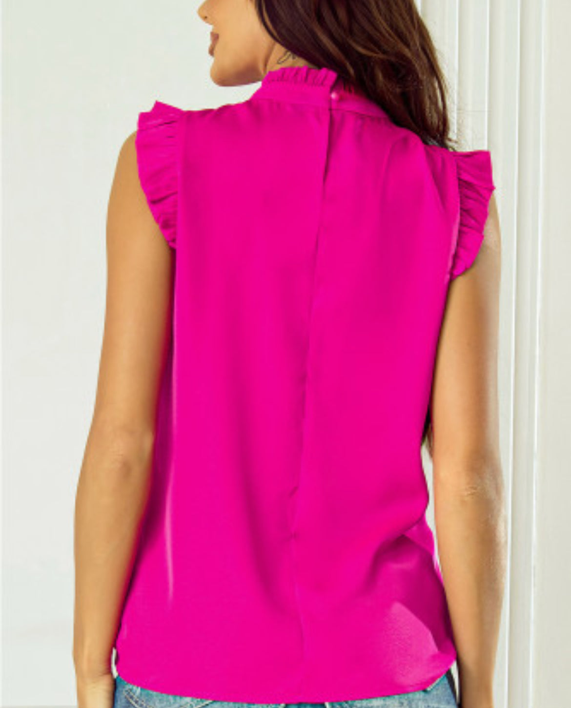 Pink Pleated Mock Neck Frilled Trim Sleeveless Top