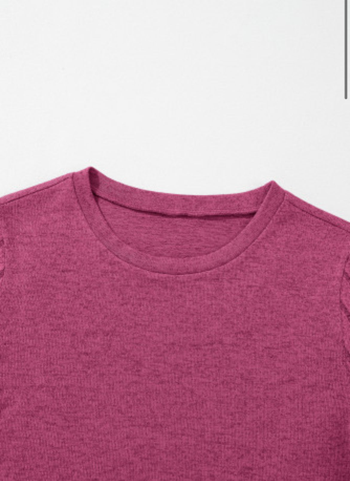 Pink Ribbed Splicing Sleeve Round Neck T-Shirt