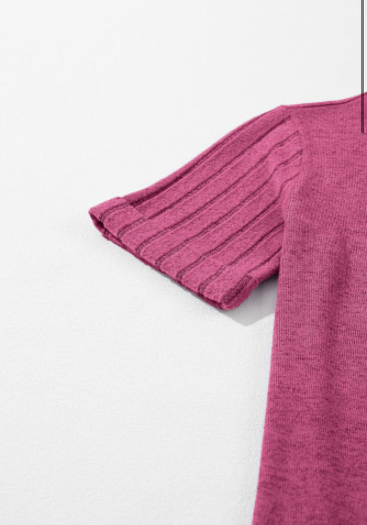 Pink Ribbed Splicing Sleeve Round Neck T-Shirt