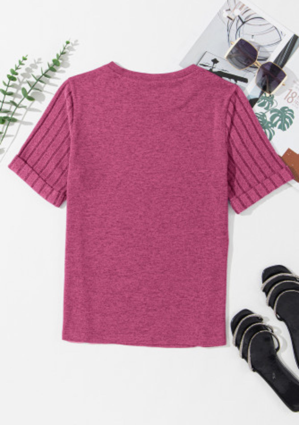 Pink Ribbed Splicing Sleeve Round Neck T-Shirt