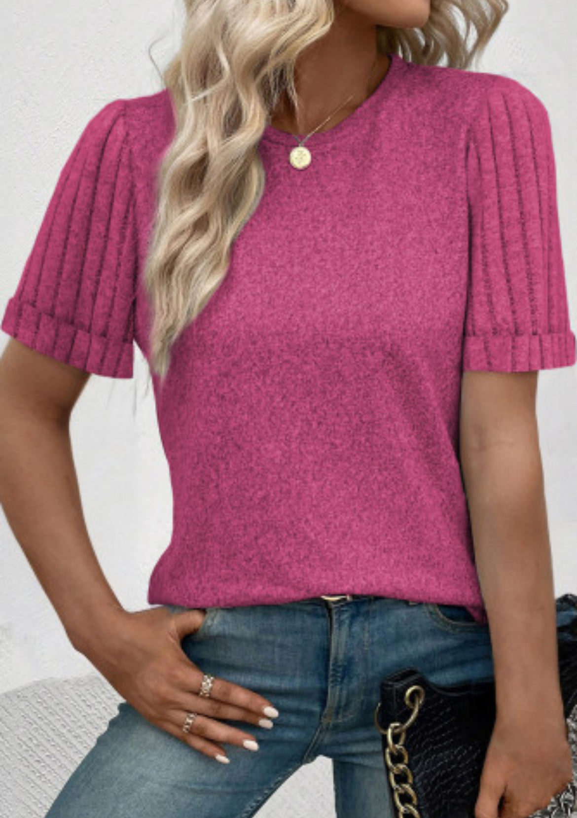 Pink Ribbed Splicing Sleeve Round Neck T-Shirt