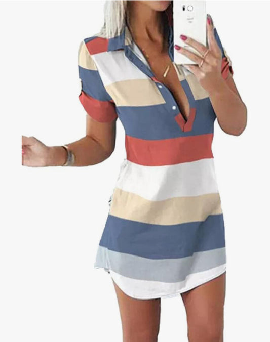 Color Block Button Tab Sleeve Mini Dress with Pocket for Woman Sexy V neck Striped Dress