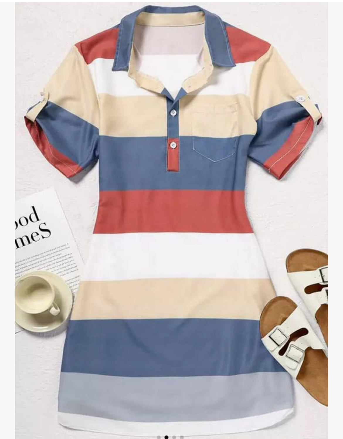 Color Block Button Tab Sleeve Mini Dress with Pocket for Woman Sexy V neck Striped Dress