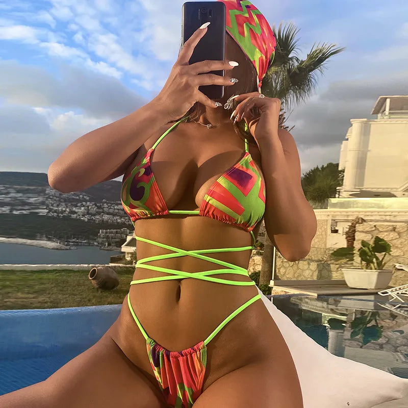 Women Sexy Edgy Halter Neck Color Blocking Bandage Backless Bikini Swimwear Two Pieces Set