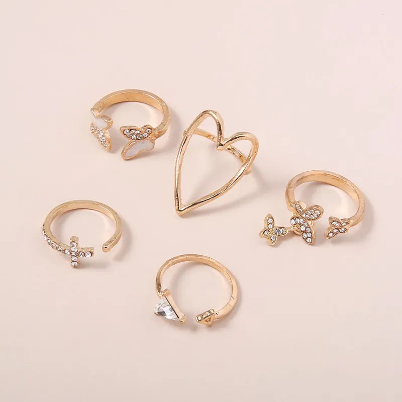 Women Fashion Simple Cross Triangle Heart Hollow Full Diamond Butterfly 5 Piece Set Ring