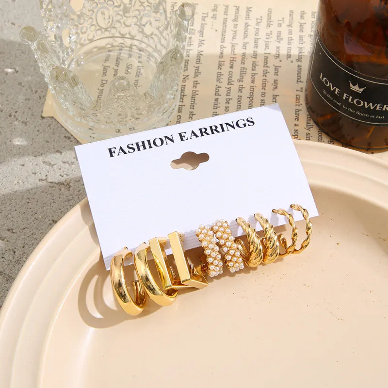 Creative Irregular Geometric Shape Design Pearl Alloy Earring Set