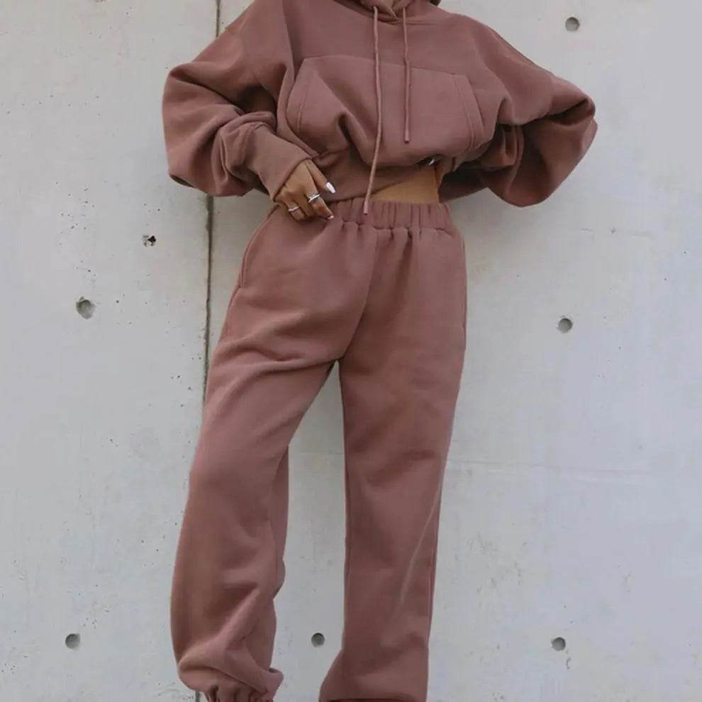 Wholesale Autumn Winter Women Fashion Solid Color Thickened Long-Sleeved Hooded Jogger Pants Two-Piece Set