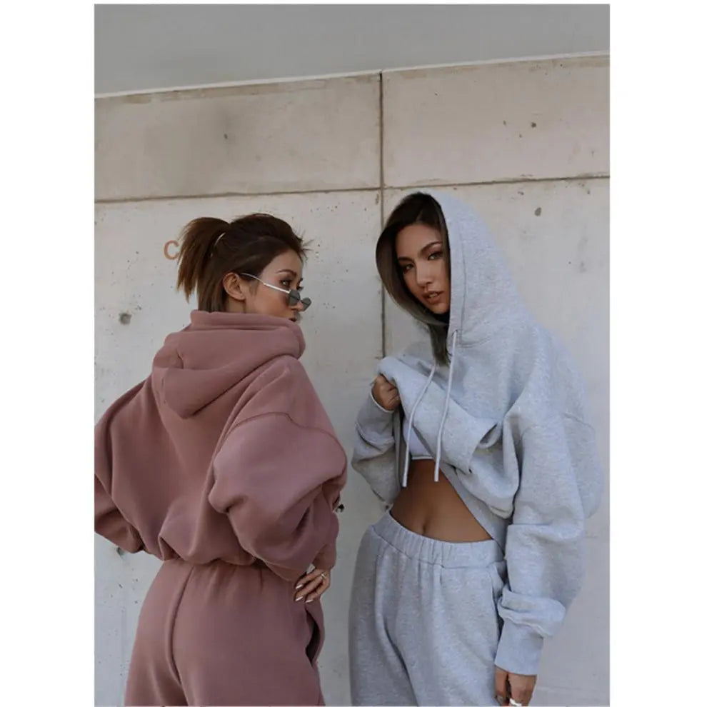 Wholesale Autumn Winter Women Fashion Solid Color Thickened Long-Sleeved Hooded Jogger Pants Two-Piece Set
