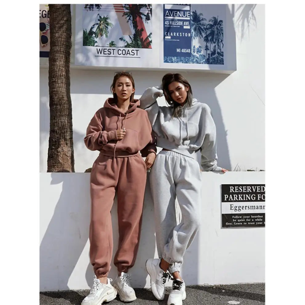 Wholesale Autumn Winter Women Fashion Solid Color Thickened Long-Sleeved Hooded Jogger Pants Two-Piece Set