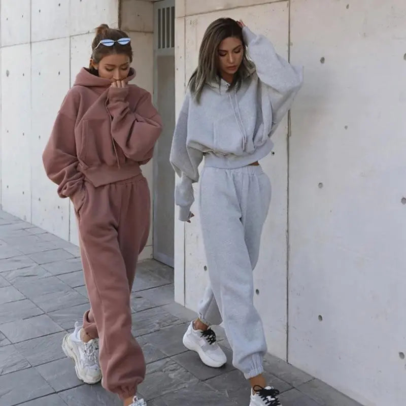 Wholesale Autumn Winter Women Fashion Solid Color Thickened Long-Sleeved Hooded Jogger Pants Two-Piece Set