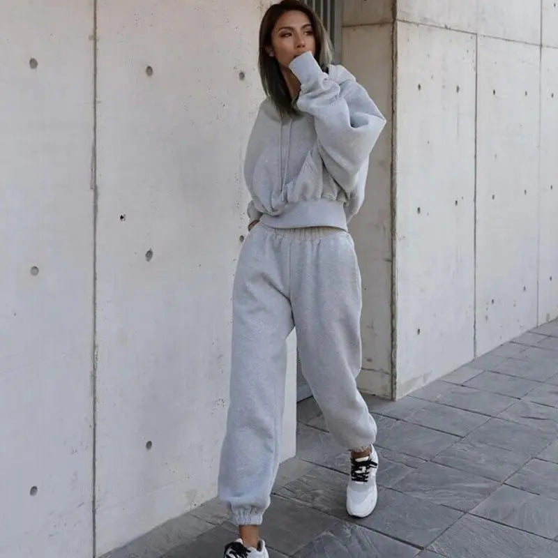 Wholesale Autumn Winter Women Fashion Solid Color Thickened Long-Sleeved Hooded Jogger Pants Two-Piece Set