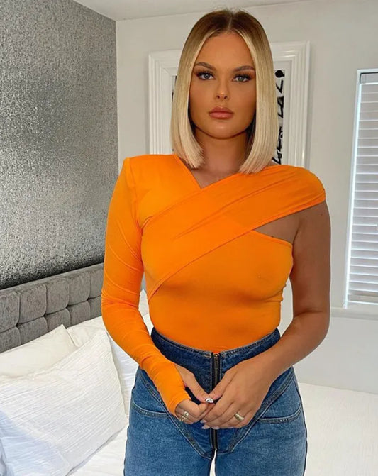 Women Sexy Edgy One-Shoulder Solid Color V Neck Long-Sleeved Crop Top