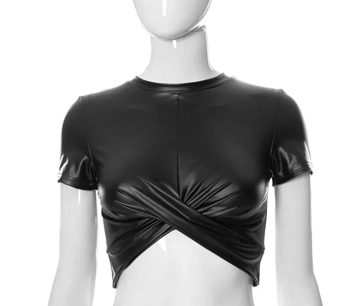 Women Edgy Sexy Summer Round Neck Short Sleeve PU Leather Crop Top