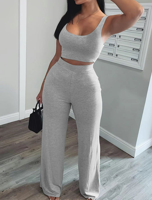 Solid Sleeveless Scoop Neck Crop Tummy Control Tank Top and Elastic Waist Hip Lifting Straight Leg Pants