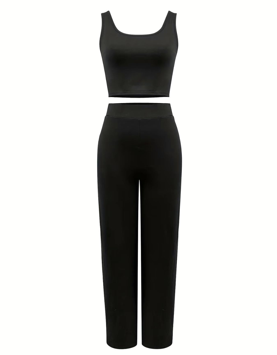 Solid Sleeveless Scoop Neck Crop Tummy Control Tank Top and Elastic Waist Hip Lifting Straight Leg Pants