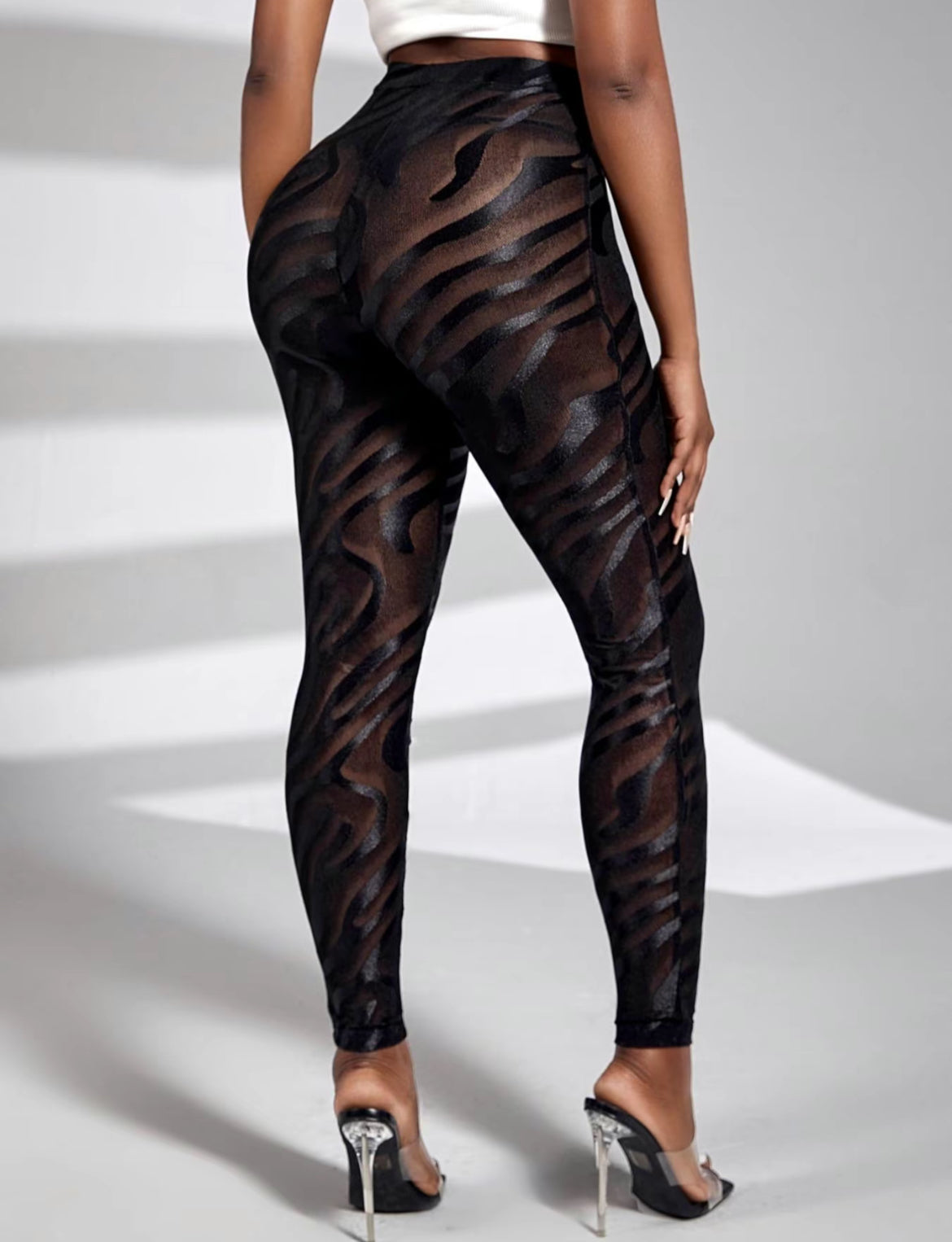 Woman's Contrast Mesh Sheer High Waist Skinny Pants