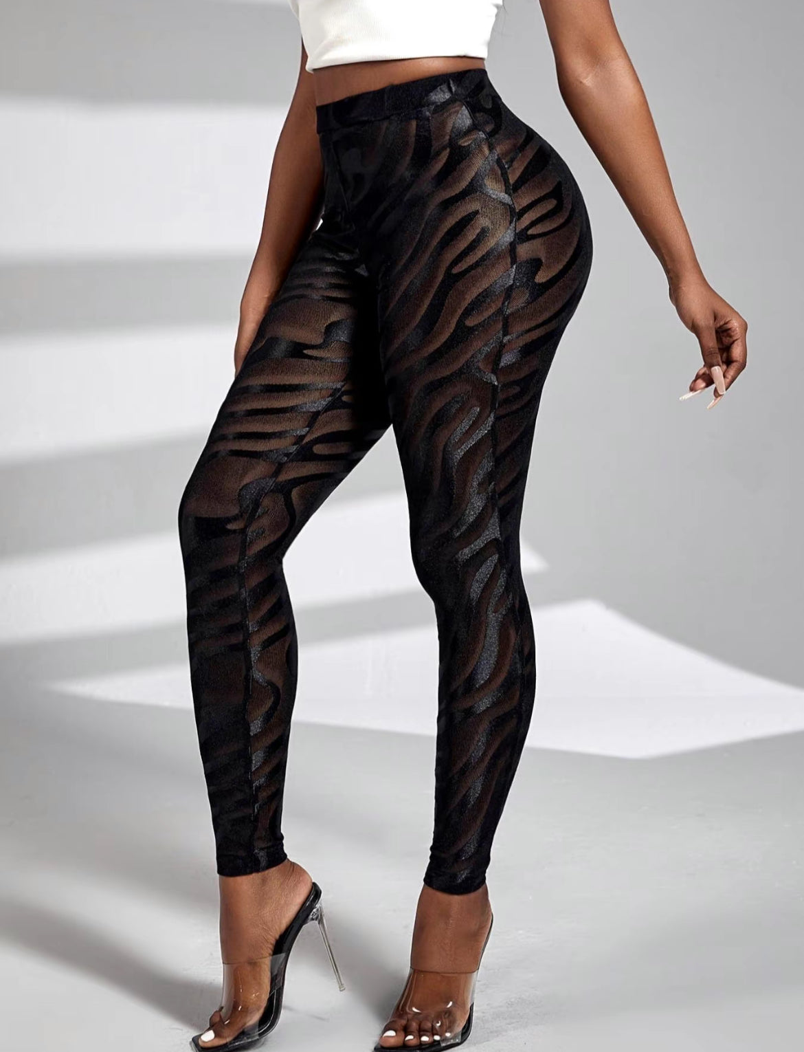 Woman's Contrast Mesh Sheer High Waist Skinny Pants
