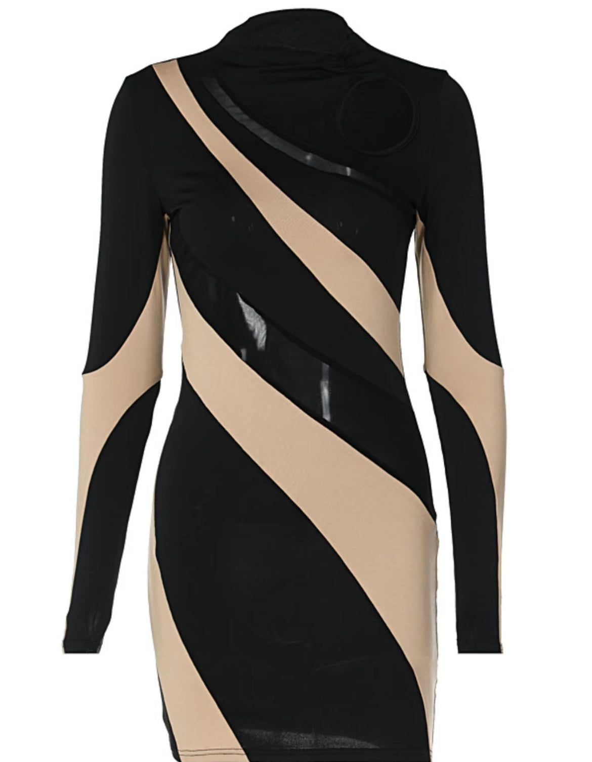 Woman's Contrast Mesh Cut Out Sheer Bodycon Long sleeve Sexy Dress