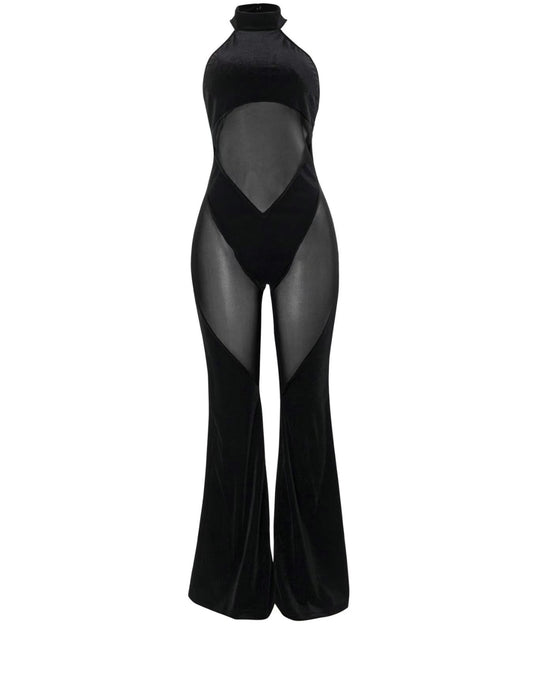 Woman's Sheer Flare Leg Halter Neck Tulle Black Jumpsuit