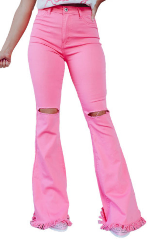 Pink Vintage High Waist Flare Leg Ripped Raw Hem Jeans
