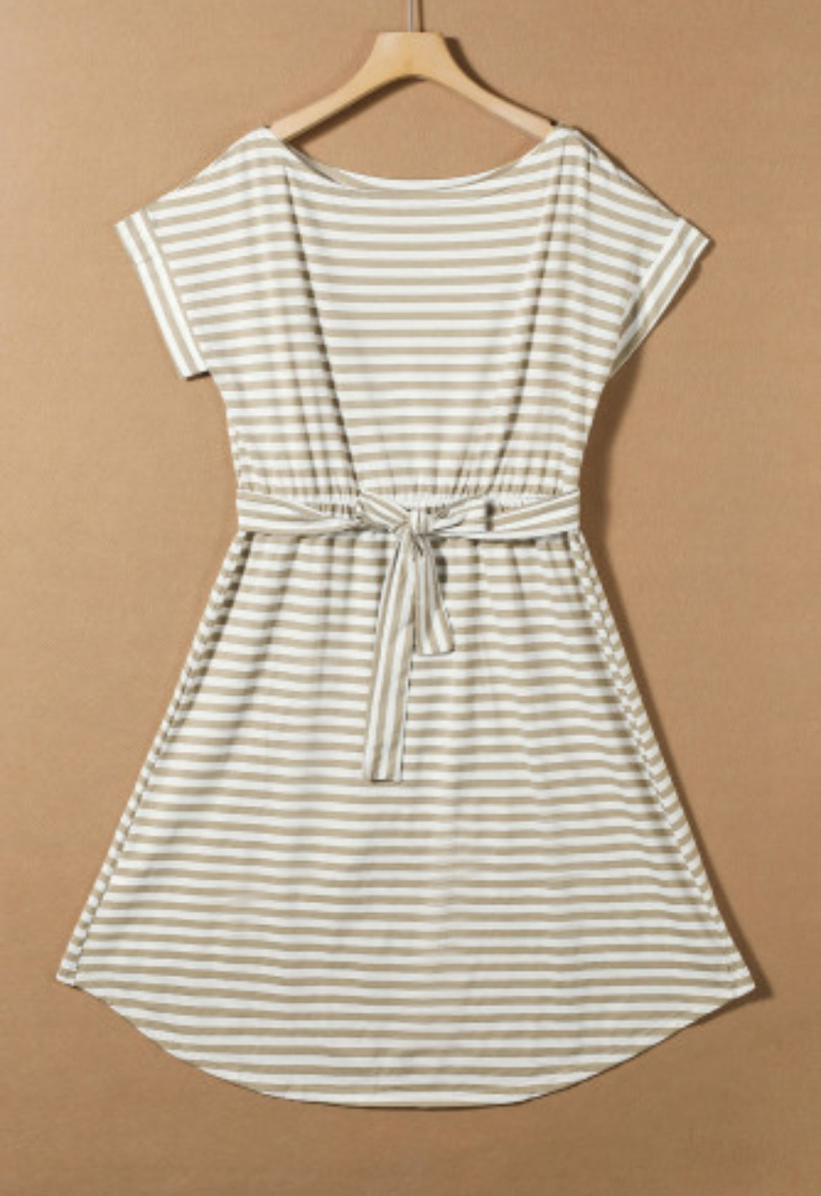 Khaki Stripe Short Sleeve Belted Wrapped Hemline T-Shirt Dress