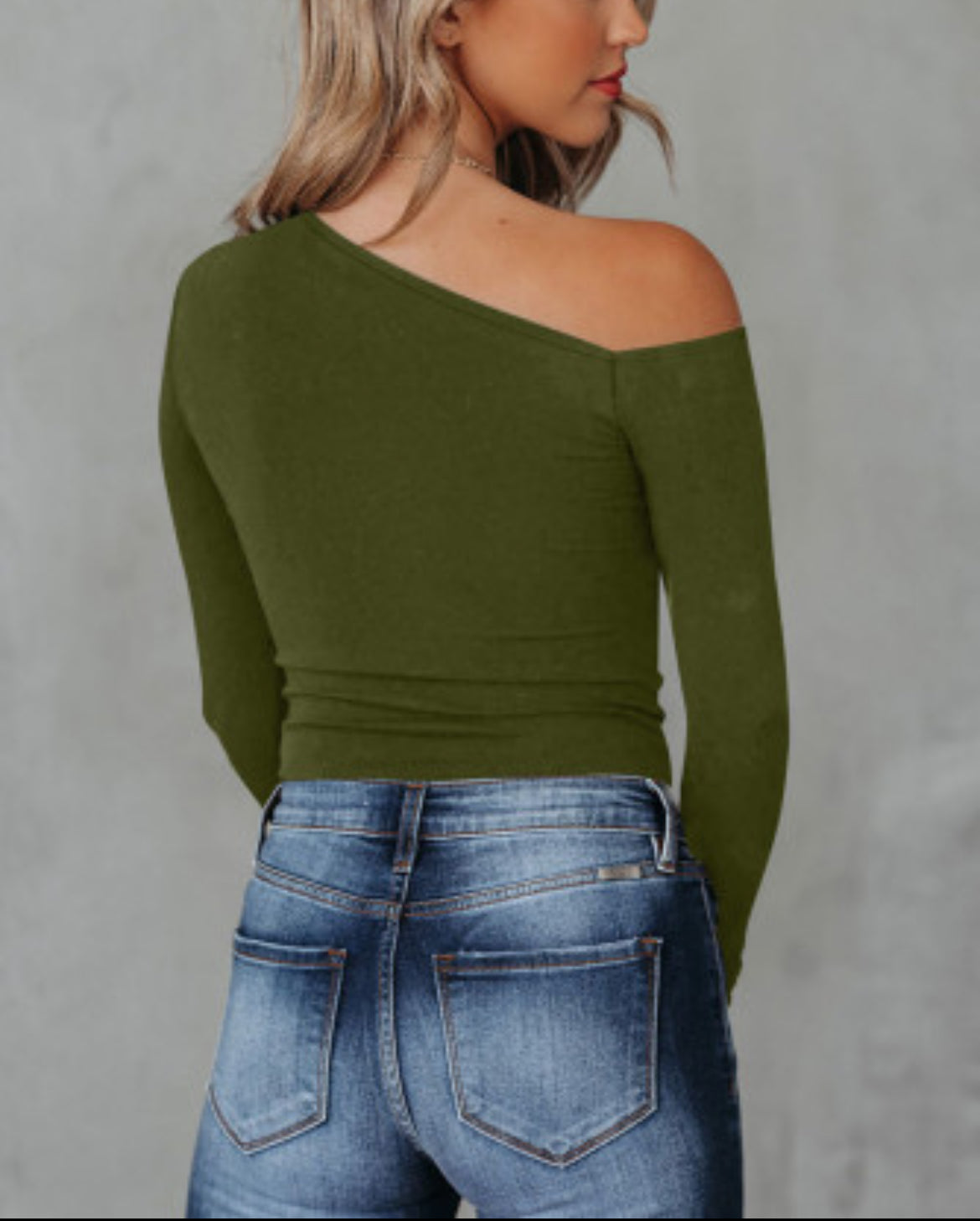 Green Asymmetrical Neckline Long Sleeve Knit Top