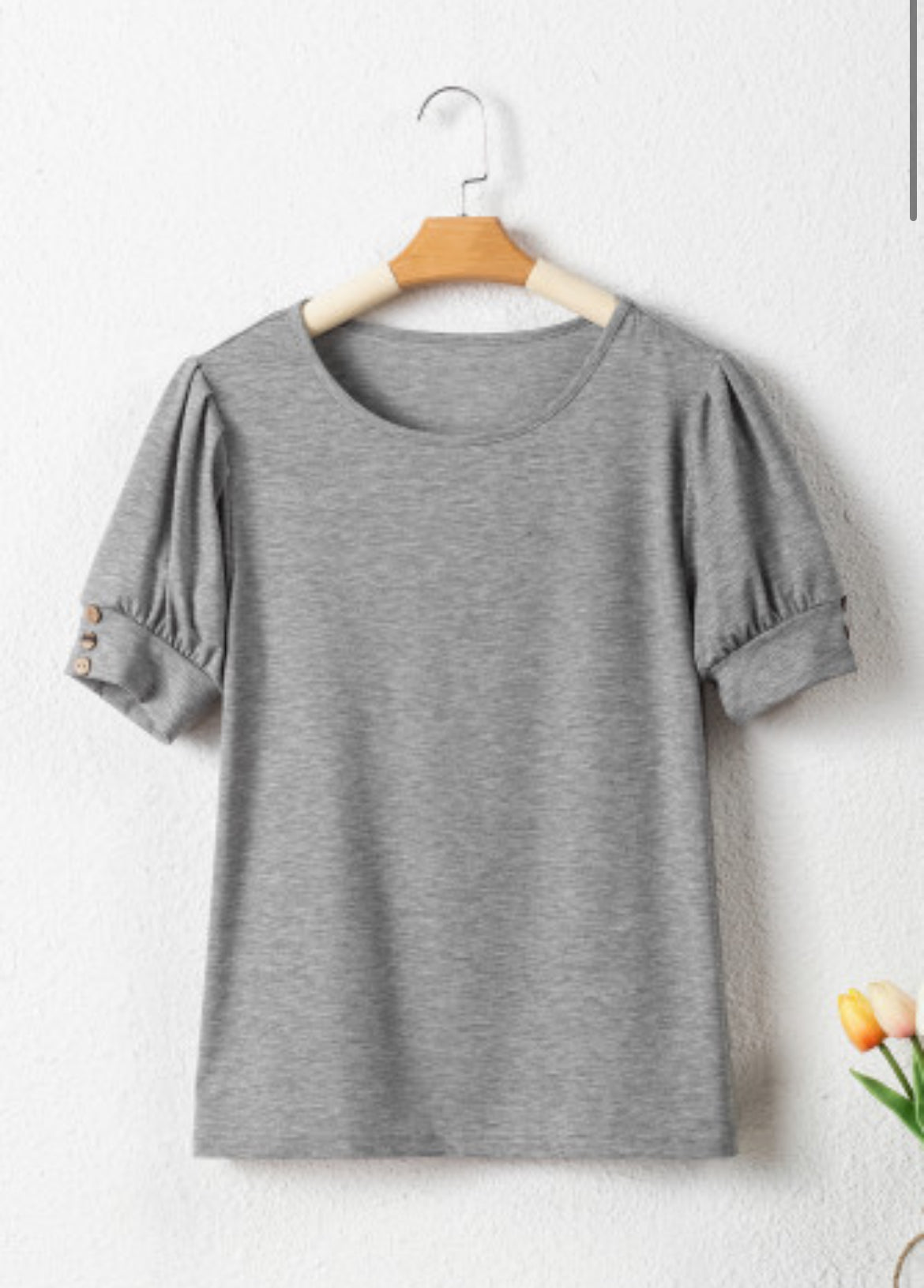 Light Grey Pleated Puff Sleeve Knit Tee