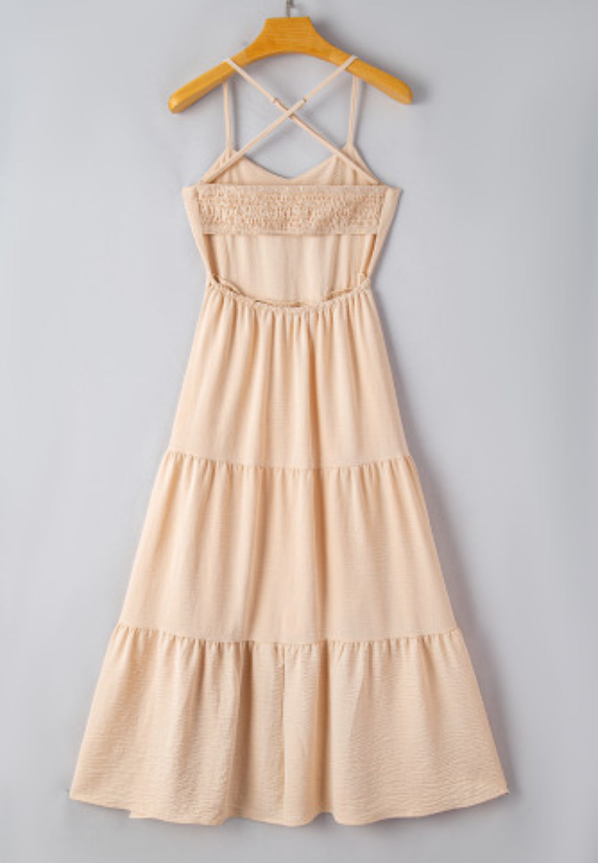 Oatmeal Crossover Backless Bodice Tiered Maxi Dress