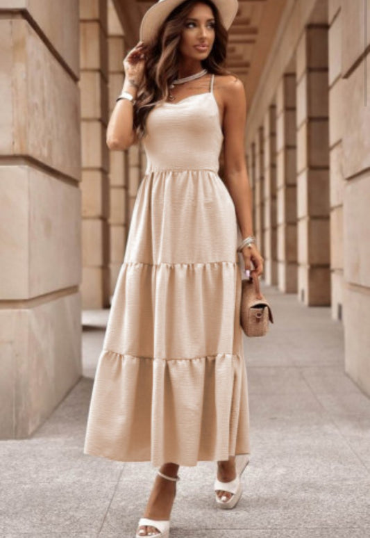 Oatmeal Crossover Backless Bodice Tiered Maxi Dress