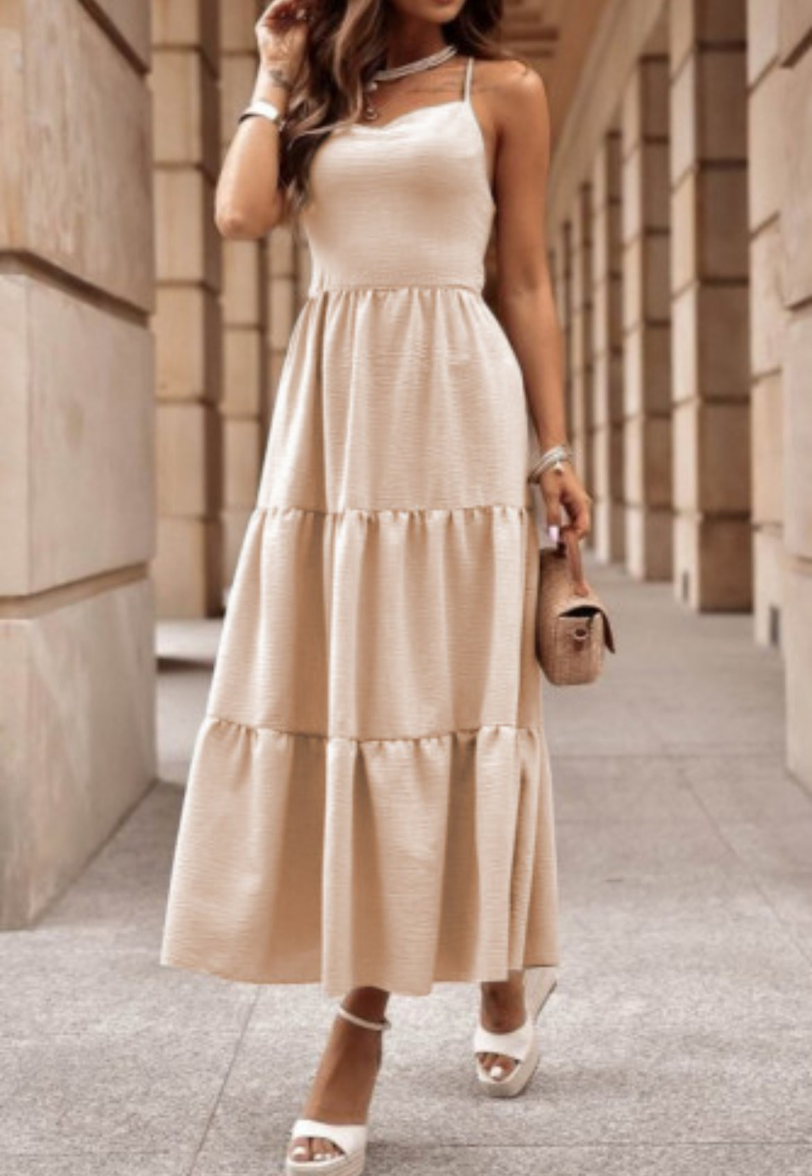 Oatmeal Crossover Backless Bodice Tiered Maxi Dress